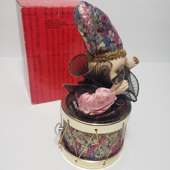 VTG Porcelain Harlequin Jester Clown In A Drum Animated Music Box "Toy Land" - Picture 3 of 11